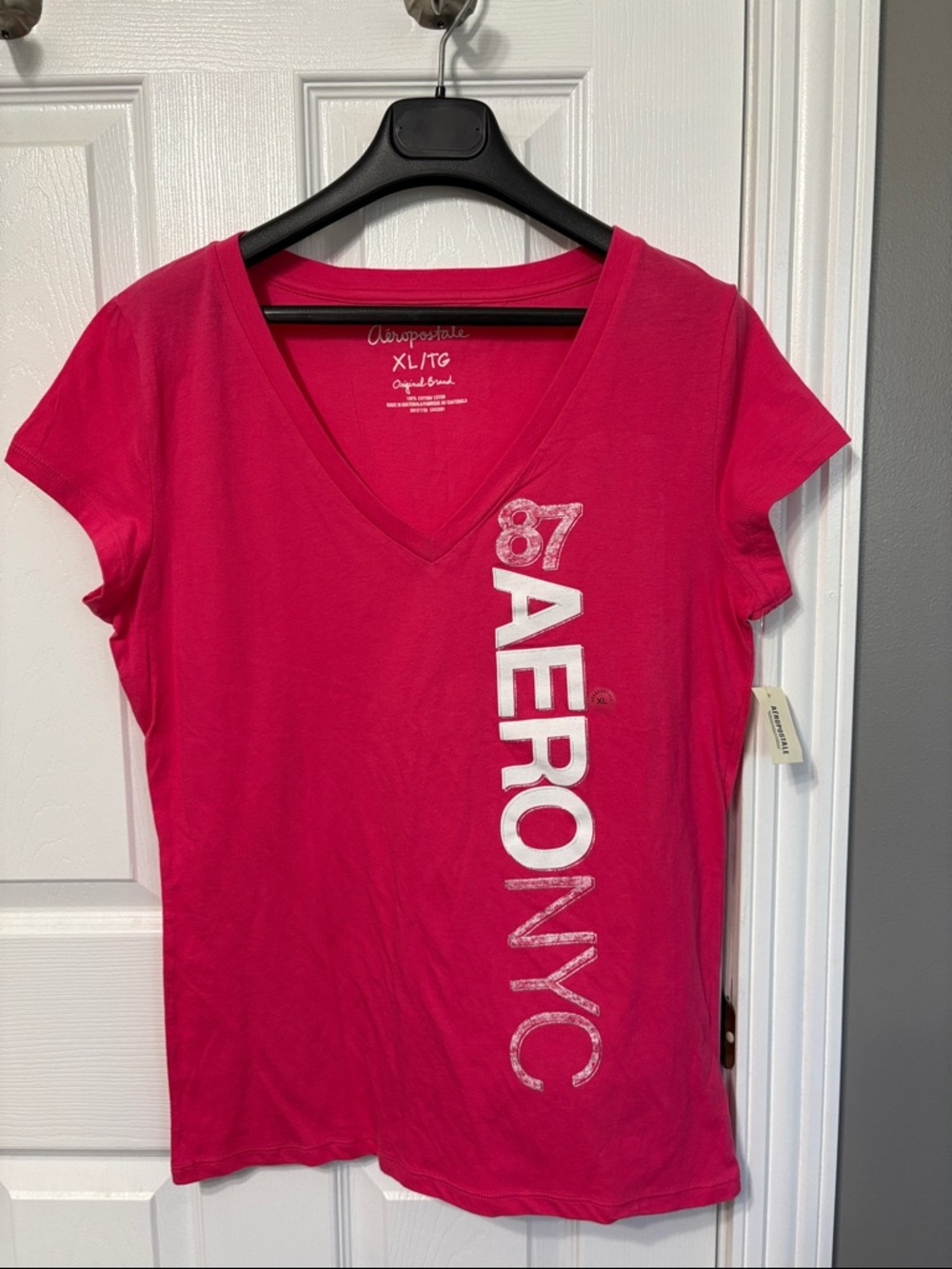 Aeropostale Hot Pink V-Neck Tee with Vertical AERO NYC Graphic
